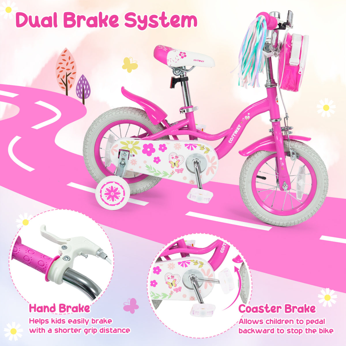 12 Inches Girls Bike with Front Bag and Streamers for 3-4 Years Pink