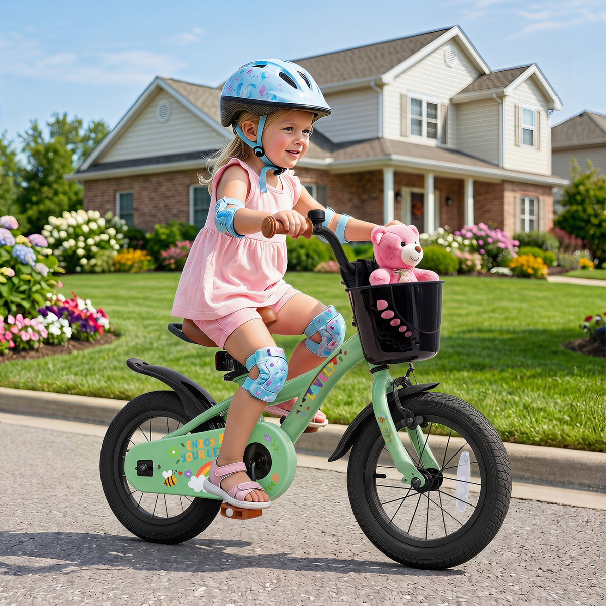 12 Inches Girls Bike for 3-8 Years Old with Basket - Spring Party Green