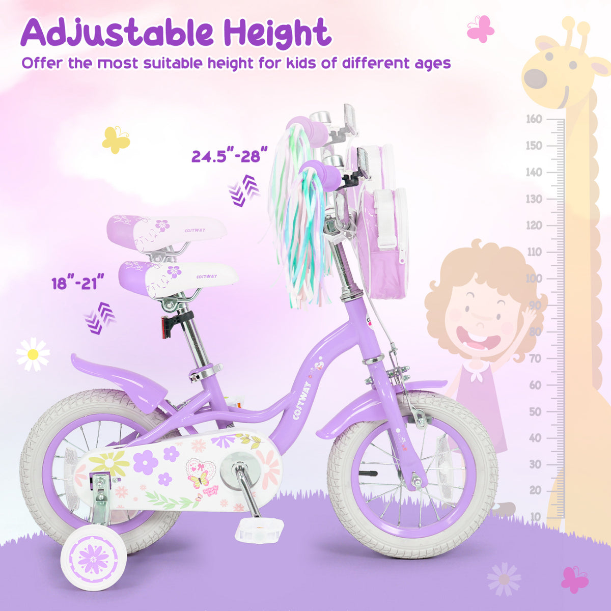 12 Inches Girls Bike with Front Bag and Streamers for 3-4 Years Purple