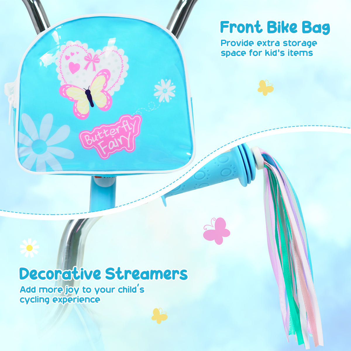 12 Inches Girls Bike with Front Bag and Streamers for 3-4 Years Blue
