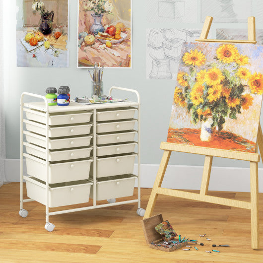 12-Drawer Rolling Storage Cart with Removable Drawers and Lockable Wheels-White