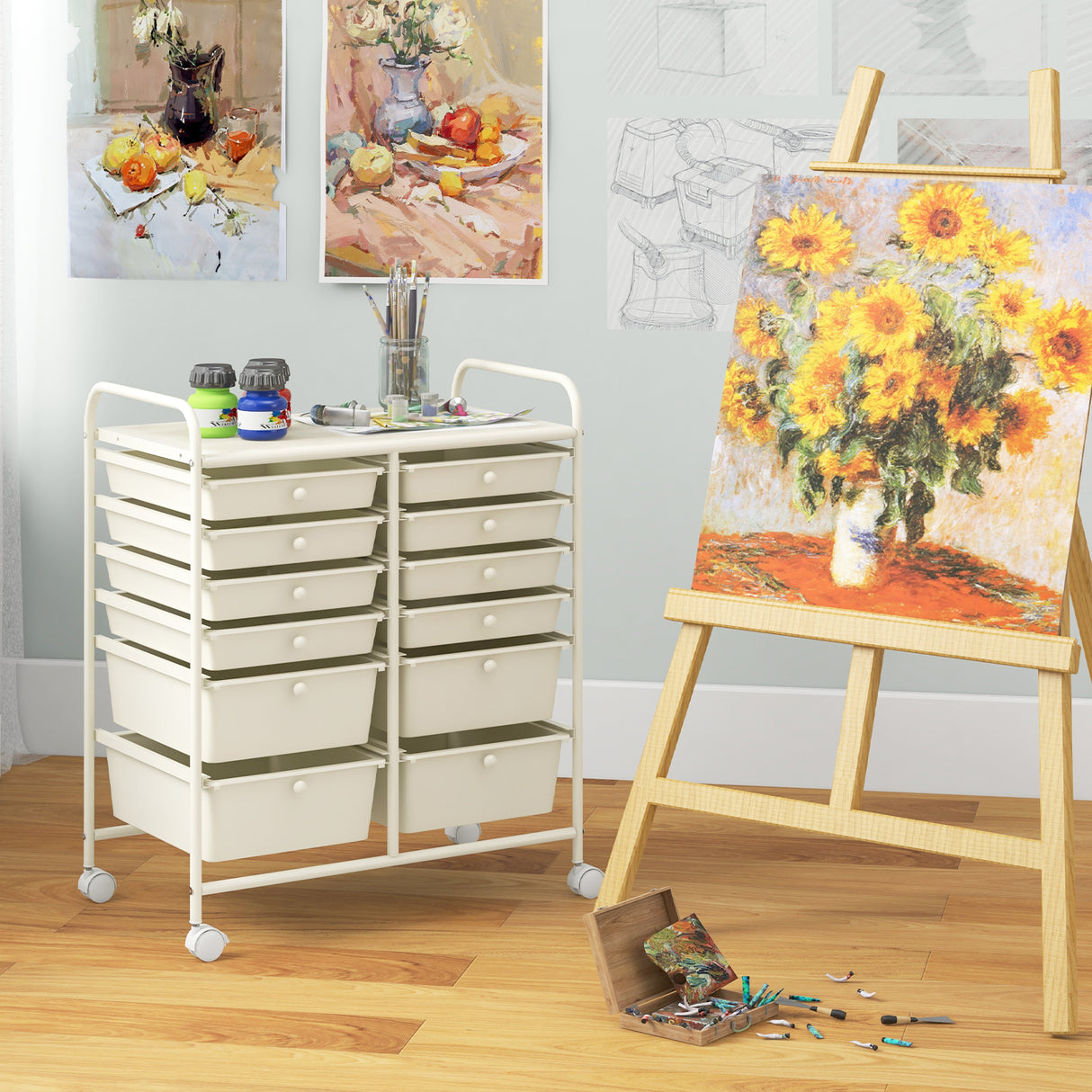 12-Drawer Rolling Storage Cart with Removable Drawers and Lockable Wheels-Beige