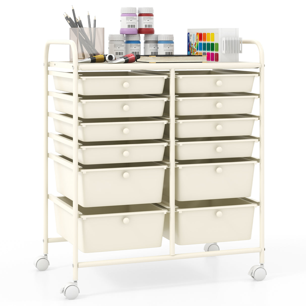 12-Drawer Rolling Storage Cart with Removable Drawers and Lockable Wheels-Beige