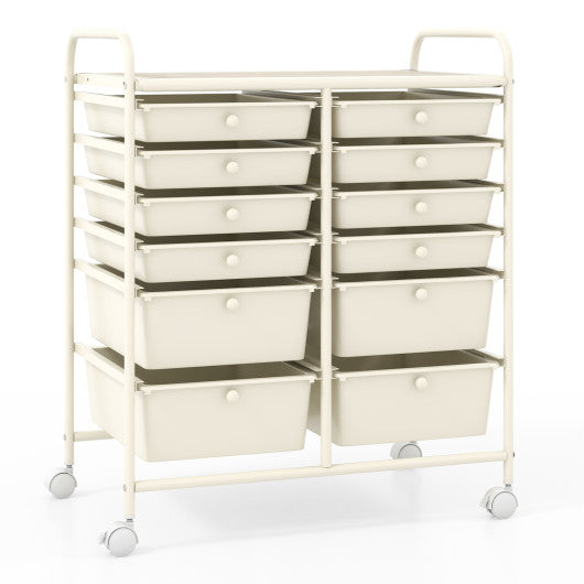 12-Drawer Rolling Storage Cart with Removable Drawers and Lockable Wheels-White