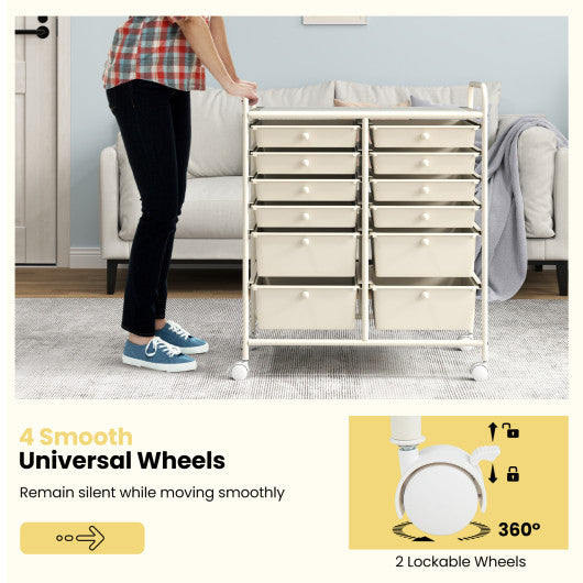 12-Drawer Rolling Storage Cart with Removable Drawers and Lockable Wheels-White