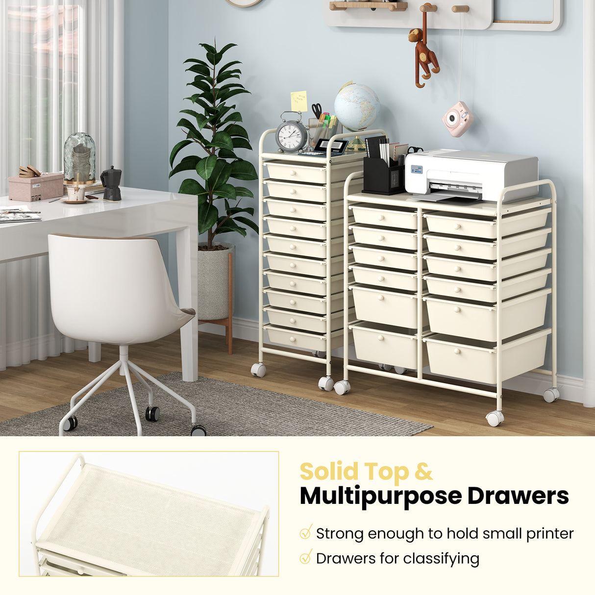 12-Drawer Rolling Storage Cart with Removable Drawers and Lockable Wheels-Beige
