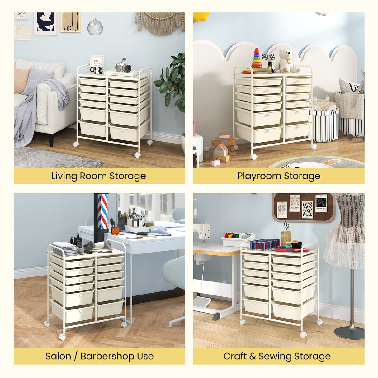 12-Drawer Rolling Storage Cart with Removable Drawers and Lockable Wheels-Beige