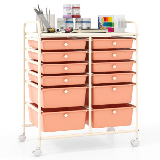 12-Drawer Rolling Storage Cart with Removable Drawers and Lockable Wheels-Peach