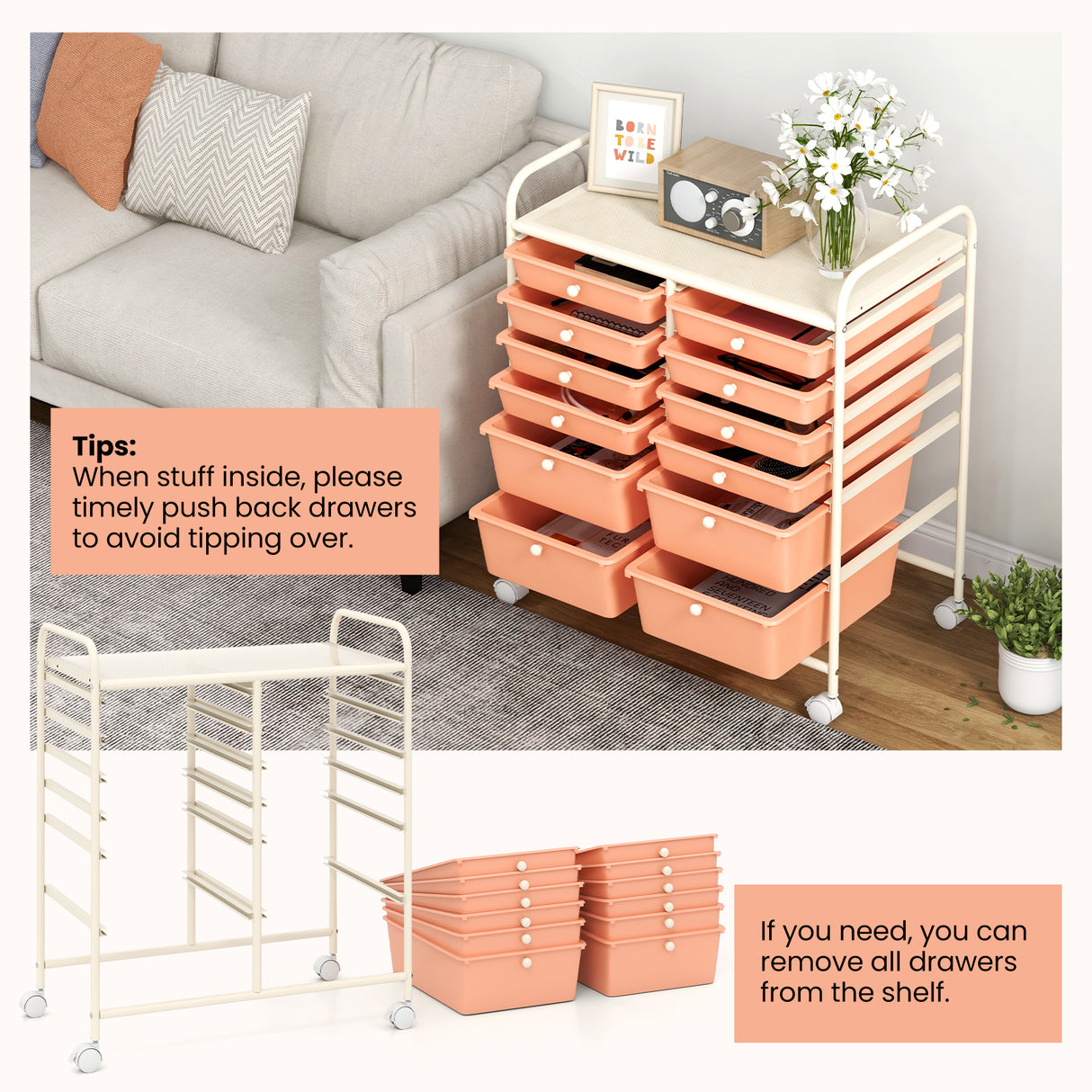 12-Drawer Rolling Storage Cart with Removable Drawers and Lockable Wheels-Peach