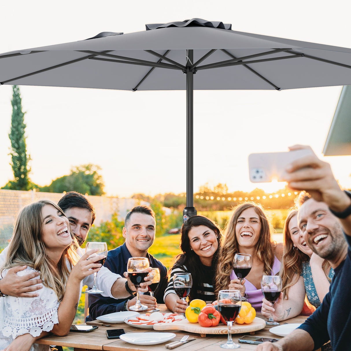 12 Feet Patio Umbrella with Crank Handle and 8 Sturdy Ribs-Gray