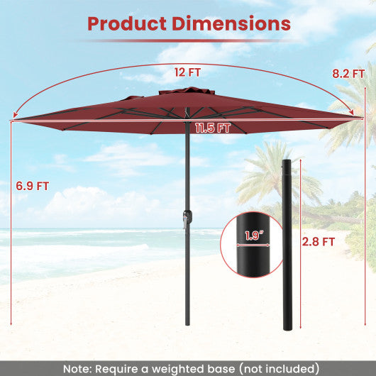12 Feet Patio Umbrella with Crank Handle and 8 Sturdy Ribs-Red