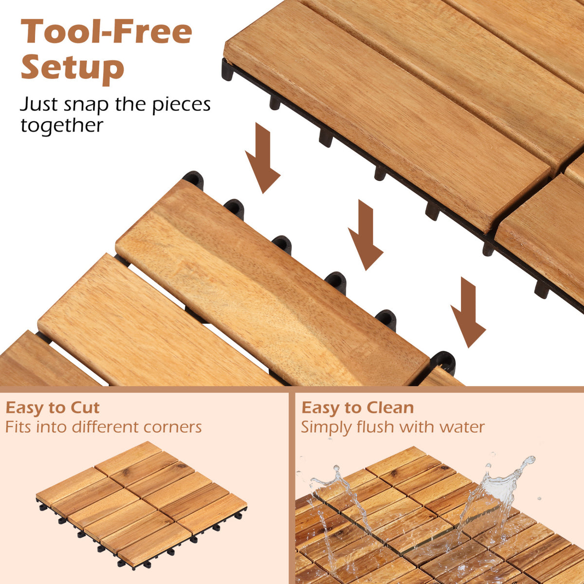 12 x 12 Inch 27 Pieces Acacia Wood Interlocking Deck Tiles-Natural