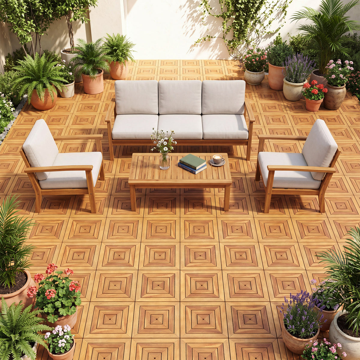 12 x 12 Inch 48 Pieces Acacia Wood Interlocking Deck Tiles with Waterproof Design-Natural