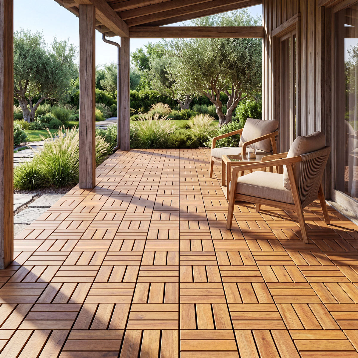 12 x 12 Inch 54 Pieces Acacia Wood Interlocking Deck Tiles with Waterproof Design-Natural