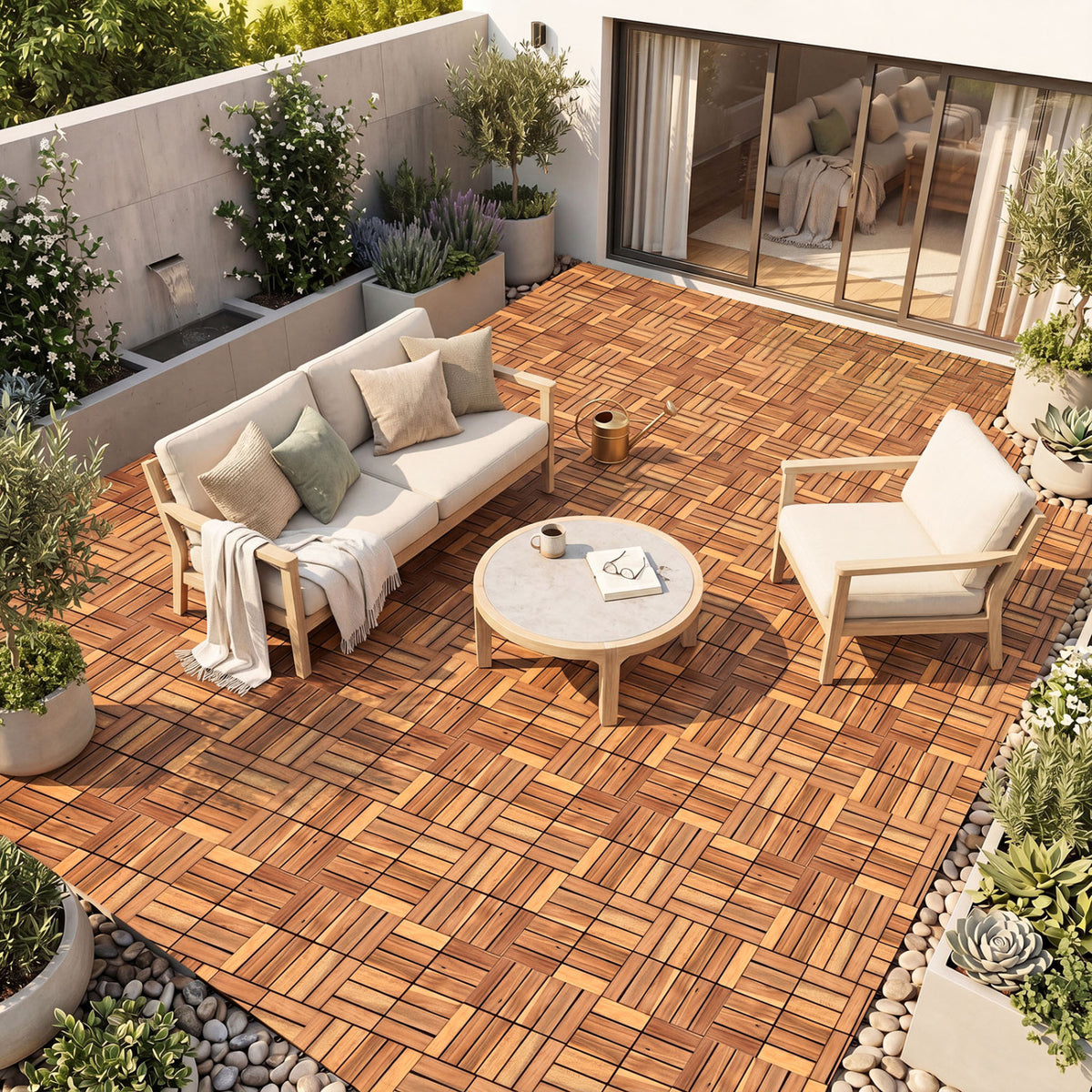 12 x 12 Inch 54 Pieces Acacia Wood Interlocking Deck Tiles with Waterproof Design-Natural