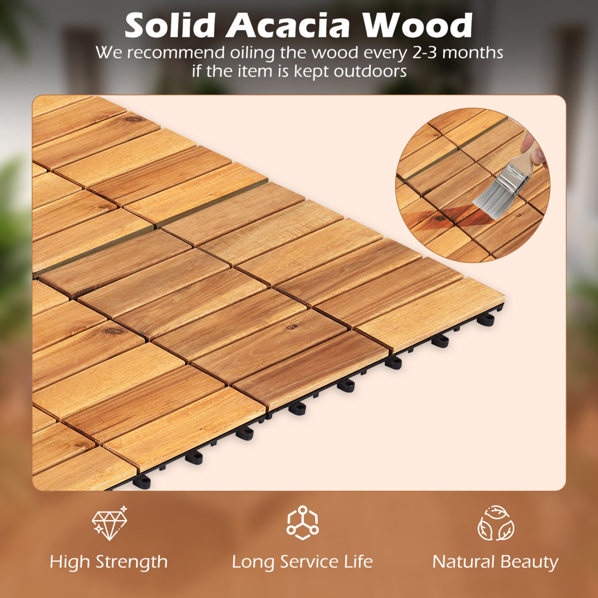 12 x 12 Inch 54 Pieces Acacia Wood Interlocking Deck Tiles with Waterproof Design-Natural