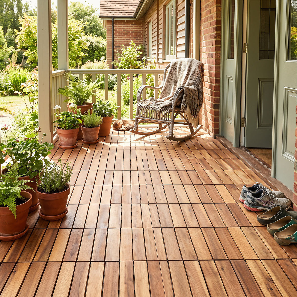 12 x 12 Inch 54 Pieces Acacia Wood Interlocking Deck Tiles with Waterproof Design-Natural