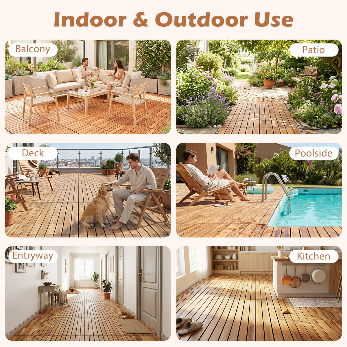 12 x 12 Inch 54 Pieces Acacia Wood Interlocking Deck Tiles with Waterproof Design-Natural
