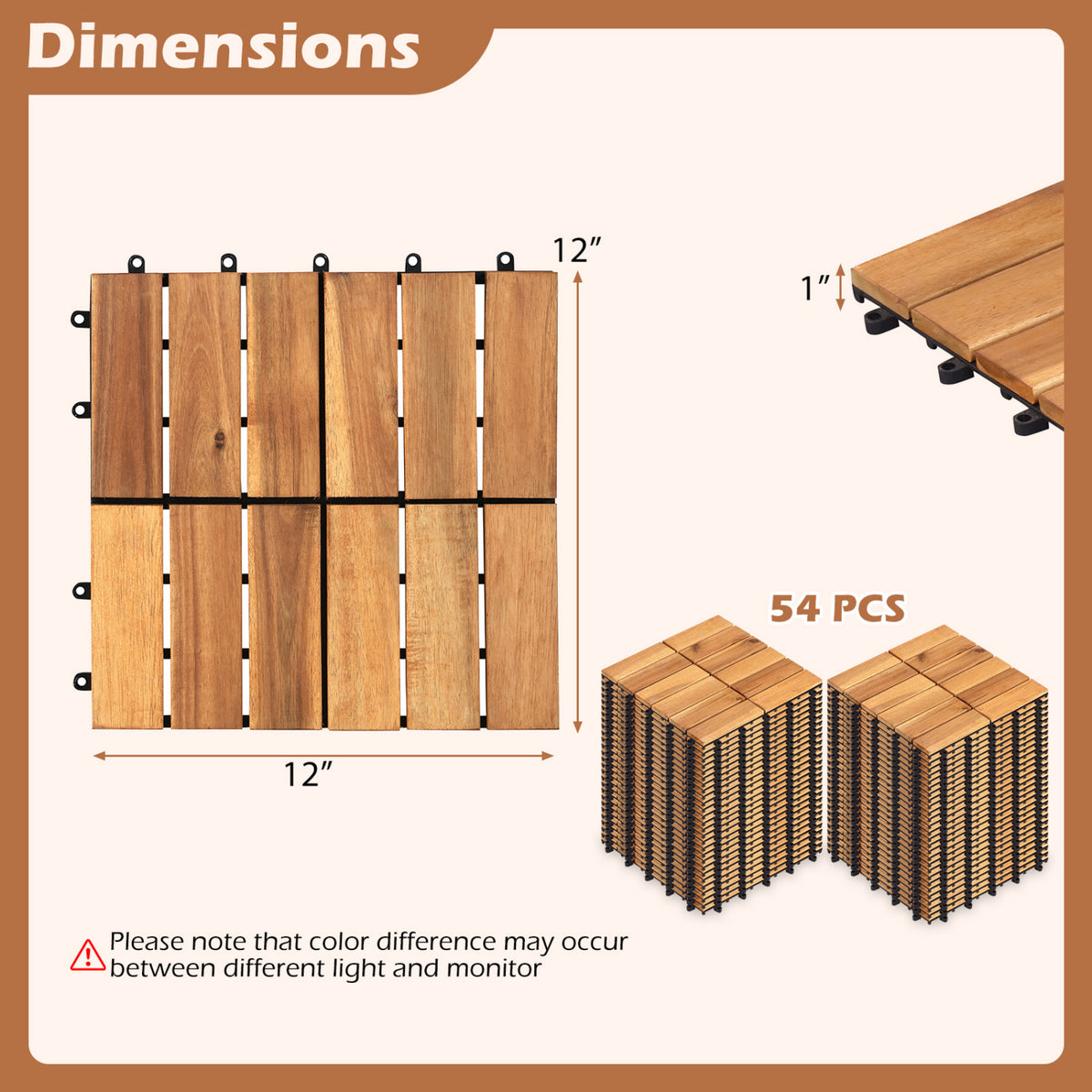 12 x 12 Inch 54 Pieces Acacia Wood Interlocking Deck Tiles with Waterproof Design-Natural