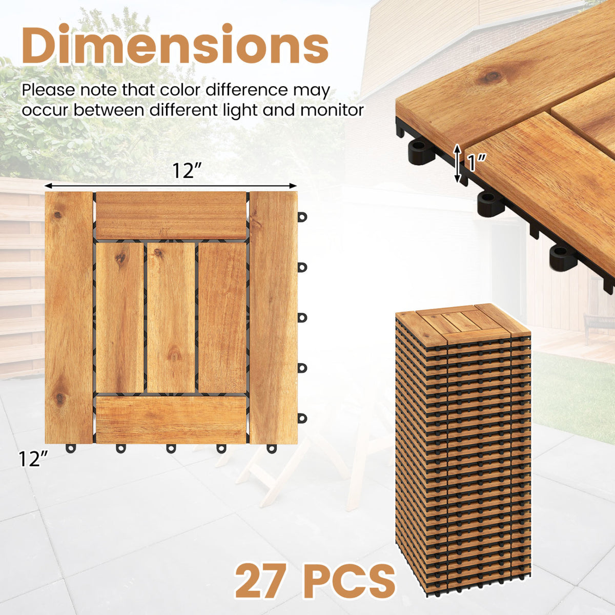 12" x 12" Indoor Outdoor Floor Tiles for Patio Balcony Backyard Porch Poolside-Natural