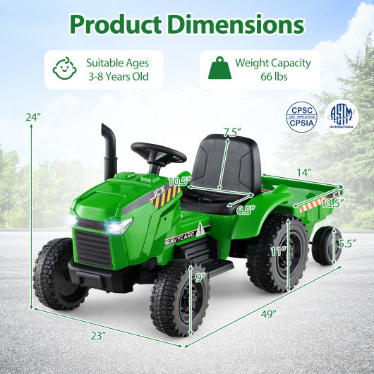 12V 2-in-1 Kids Ride On Tractor with Trailer and 3-Gear Shift-Green