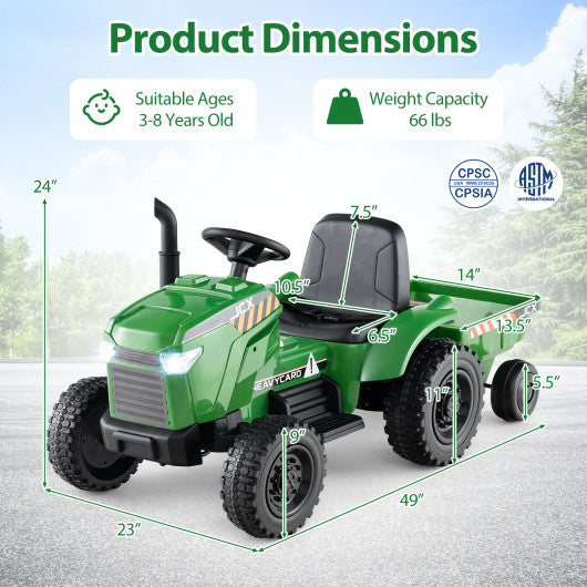 12V 2-in-1 Kids Ride On Tractor with Trailer and 3-Gear Shift-Grayish Green