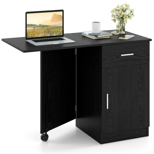 Folding Computer Desk with Drawer Mobile Home Office Desk with Cabinet-Black