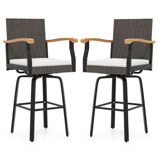 Set of 2 Outdoor 360° Swivel Bar Stool with Cushion and Acacia Wood Armrests