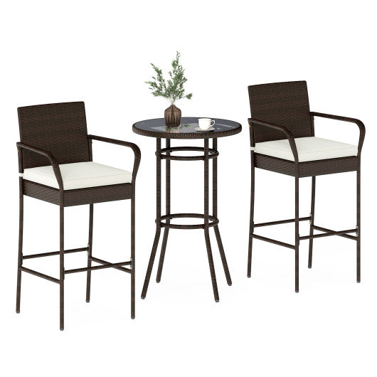 Patio Rattan Bar Height Table and Chairs with 2 Seat Cushions for Porch-White