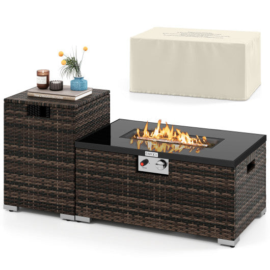 2-Piece Outdoor Rattan Fire Table Set 32 Inch Rectangle Gas Firepit with Tank Cover-Brown