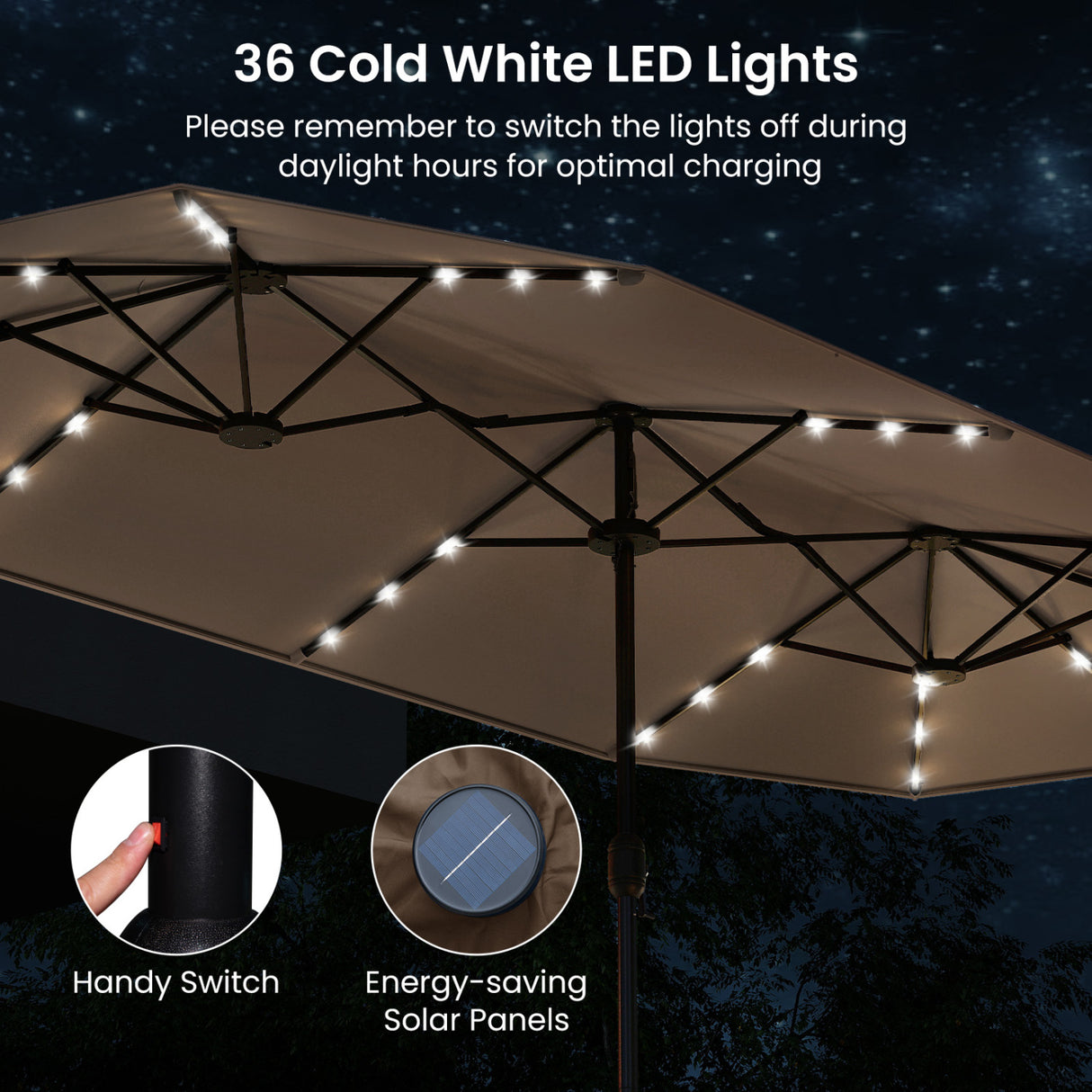 13FT Double-sided Patio Umbrella with Solar Lights for Garden Pool Backyard-Coffee