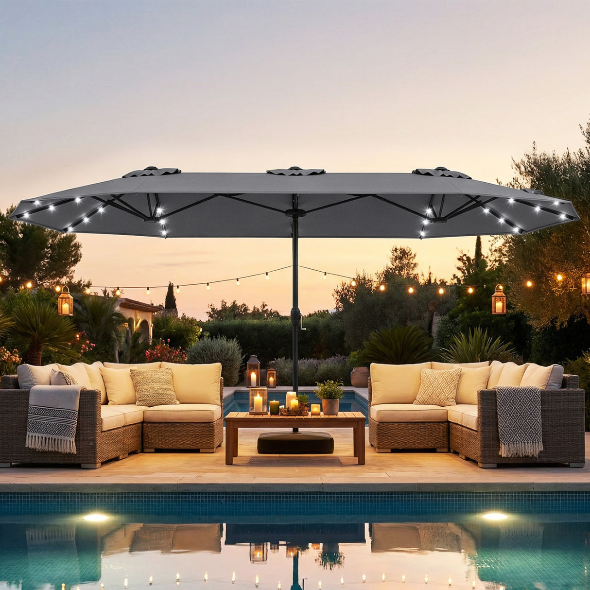 13FT Double-sided Patio Umbrella with Solar Lights for Garden Pool Backyard-Gray