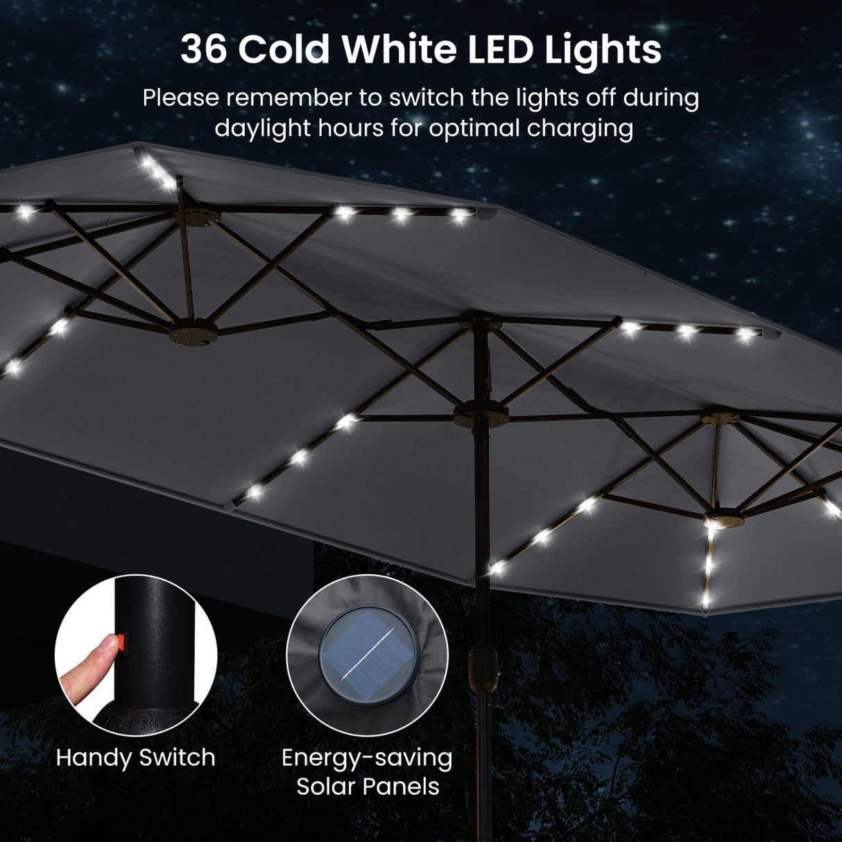 13FT Double-sided Patio Umbrella with Solar Lights for Garden Pool Backyard-Gray