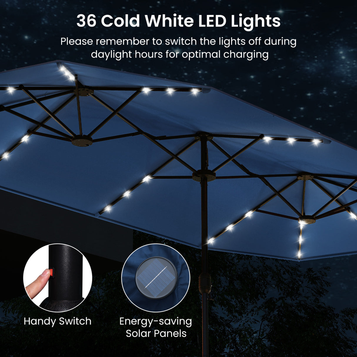 13FT Double-sided Patio Umbrella with Solar Lights for Garden Pool Backyard-Navy