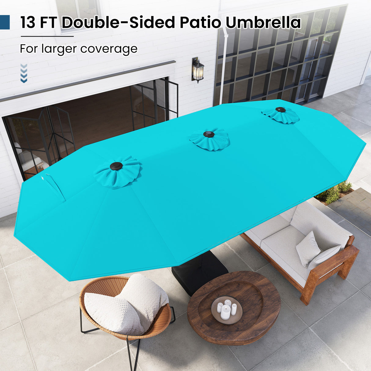 13FT Double-sided Patio Umbrella with Solar Lights for Garden Pool Backyard-Turquoise