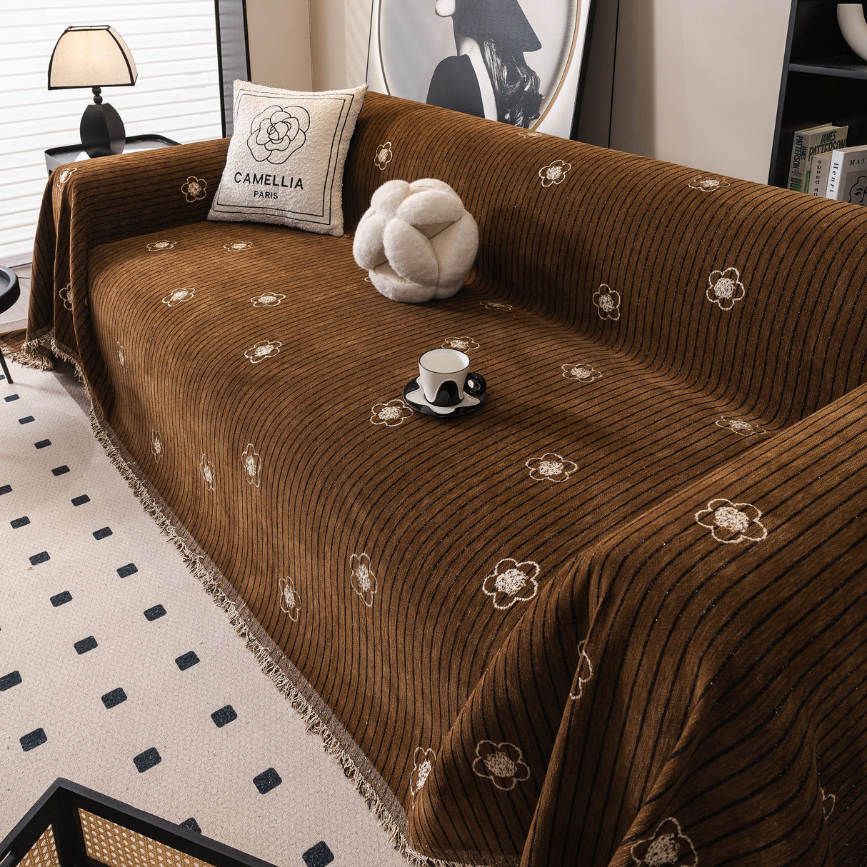 Chenille Camellia Floral Sofa Throw Cover Couch Blanket with Striped Jacquard