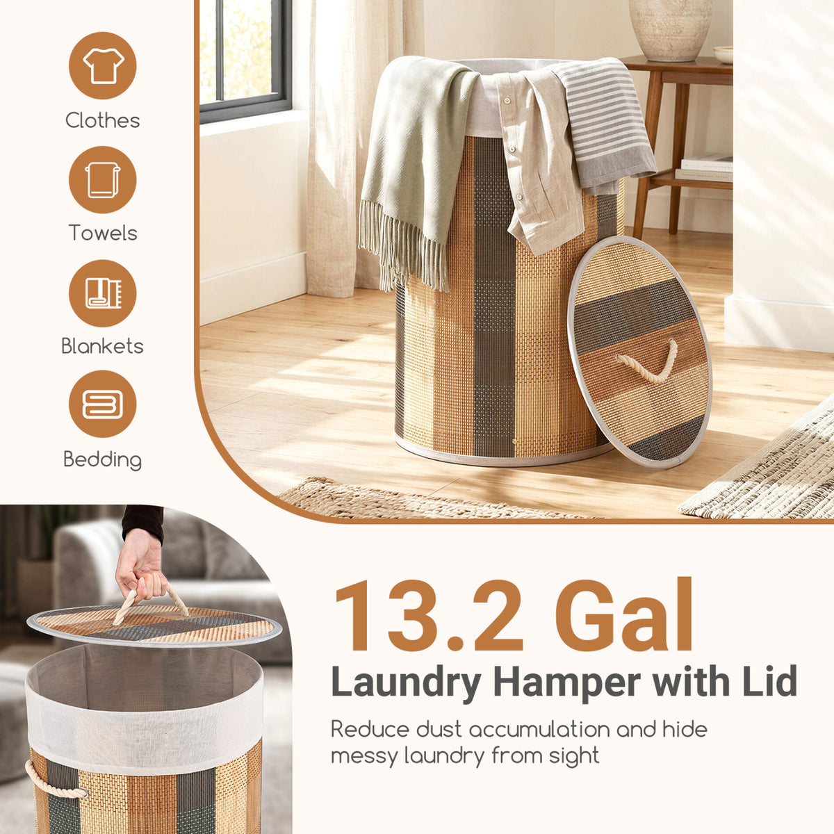13.2 Gal Laundry Hamper with Removable and Machine-Washable Liner-Multicolor