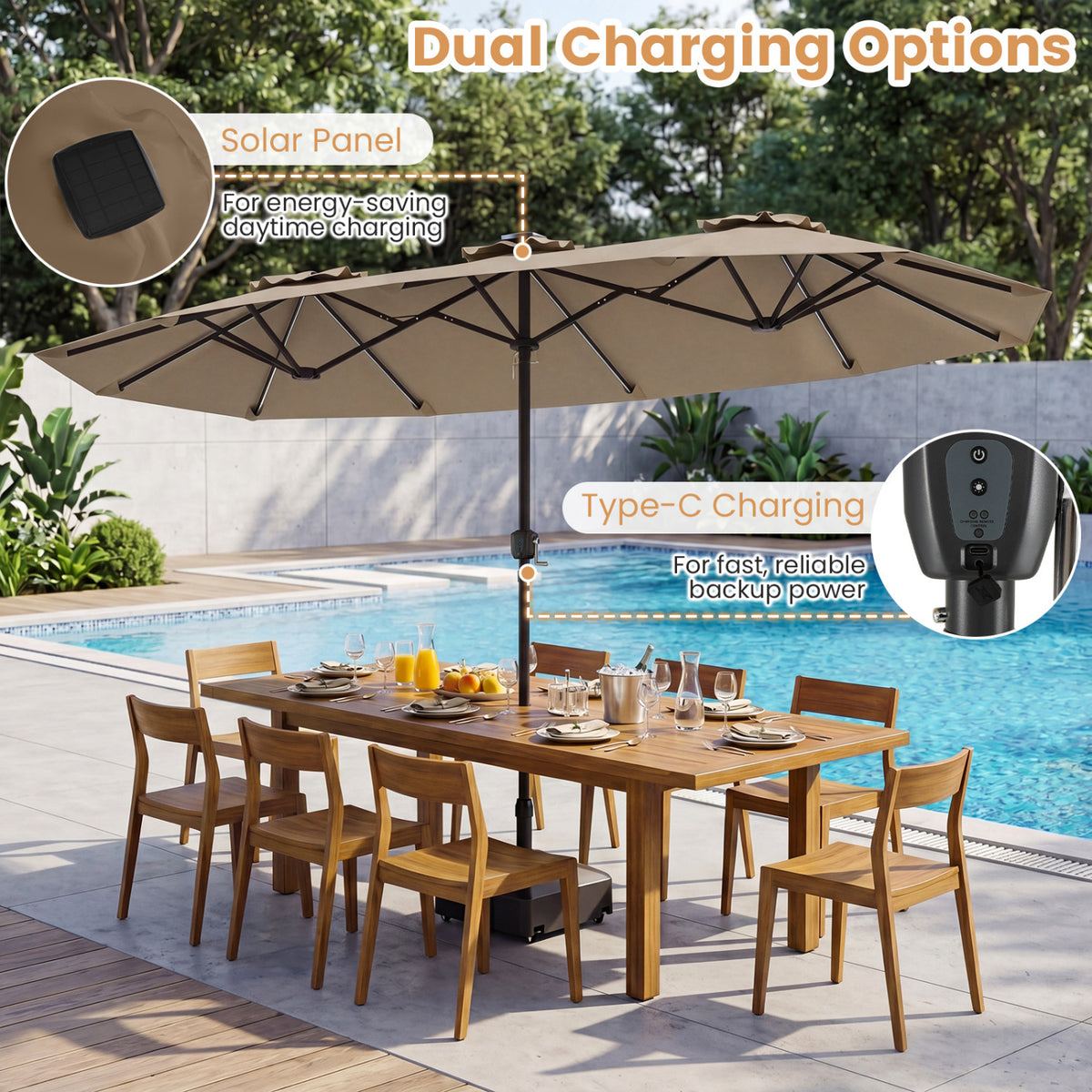 13 FT Double-Sided Patio Umbrella with Color-Changing Flowing Solar LED Lights-Brown
