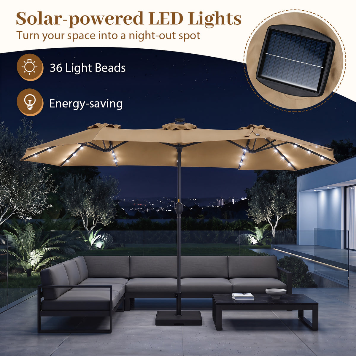 13 FT Double-Sided Patio Umbrella Large Rectangle Market Umbrella with 36 LED Lights-Tan