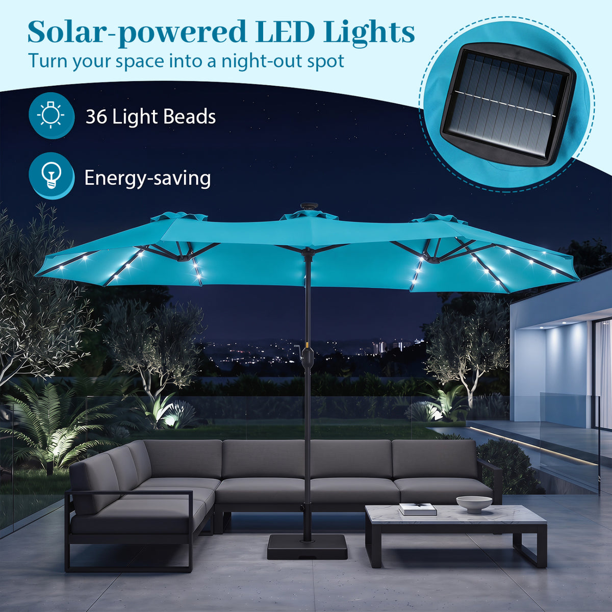 13 FT Double-Sided Patio Umbrella Large Rectangle Market Umbrella with 36 LED Lights-Turquoise