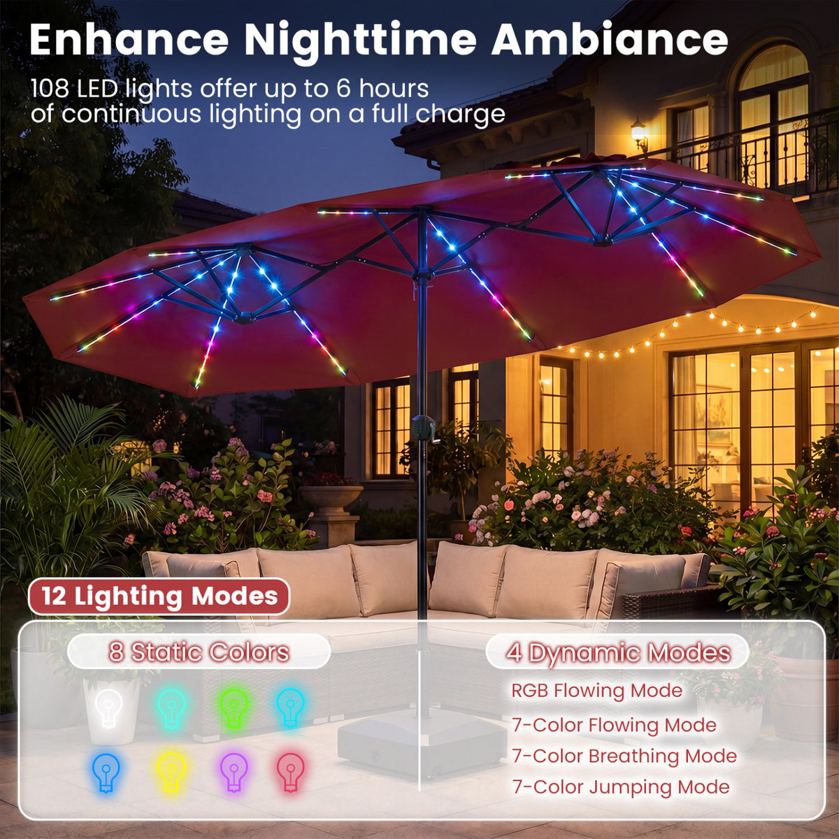 13 FT Double-Sided Patio Umbrella with Color-Changing Flowing Solar LED Lights-Red