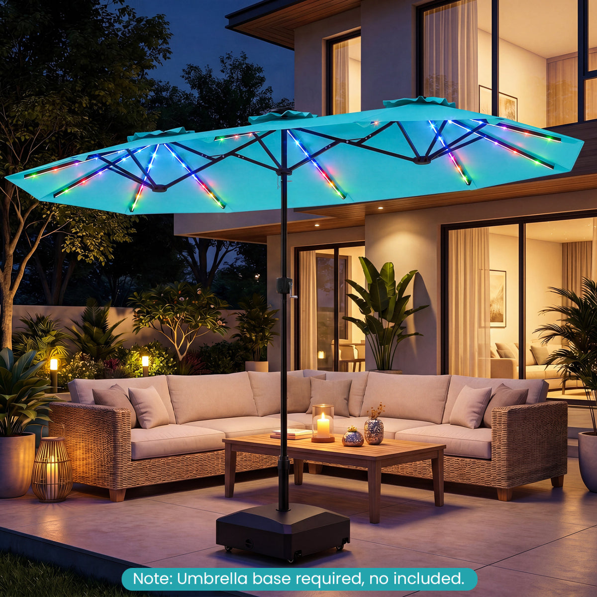 13 FT Double-Sided Patio Umbrella with Color-Changing Flowing Solar LED Lights-Turquoise