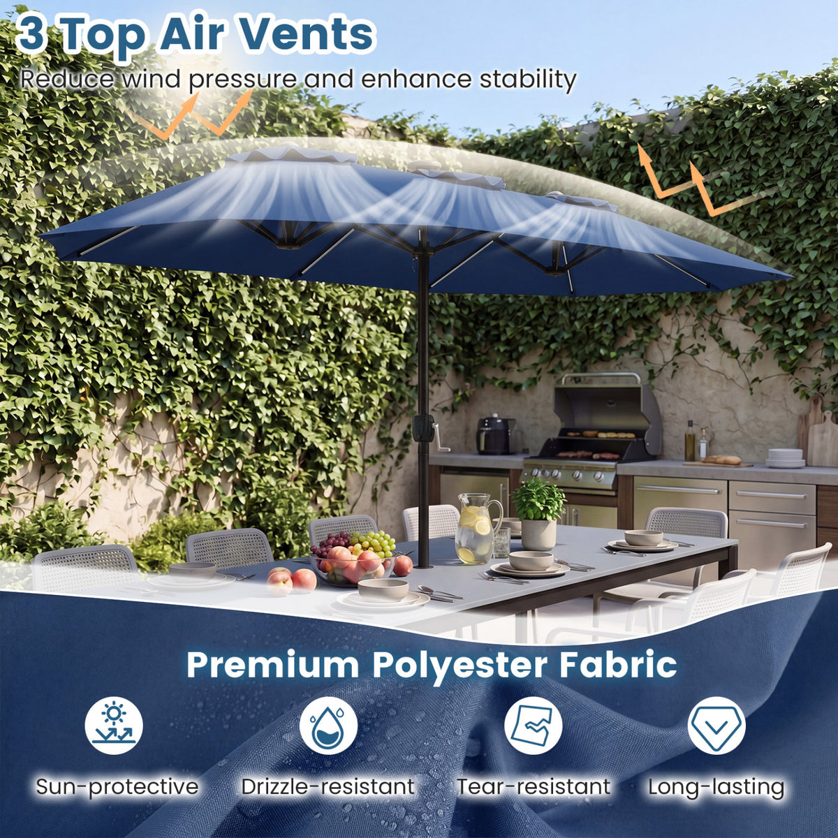 13 FT Double-Sided Patio Umbrella with Color-Changing Flowing Solar LED Lights-Navy