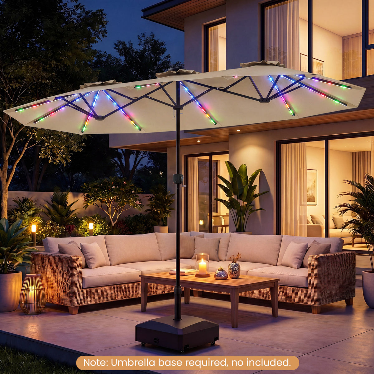 13 FT Double-Sided Patio Umbrella with Color-Changing Flowing Solar LED Lights-Beige