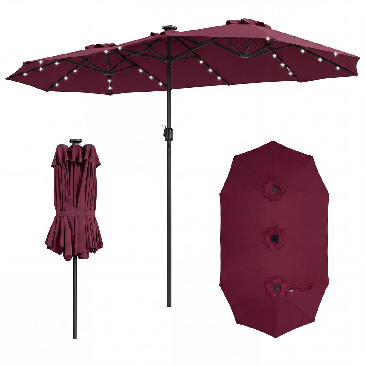 13 FT Double-Sided Patio Umbrella Large Rectangle Market Umbrella with 36 LED Lights-Wine