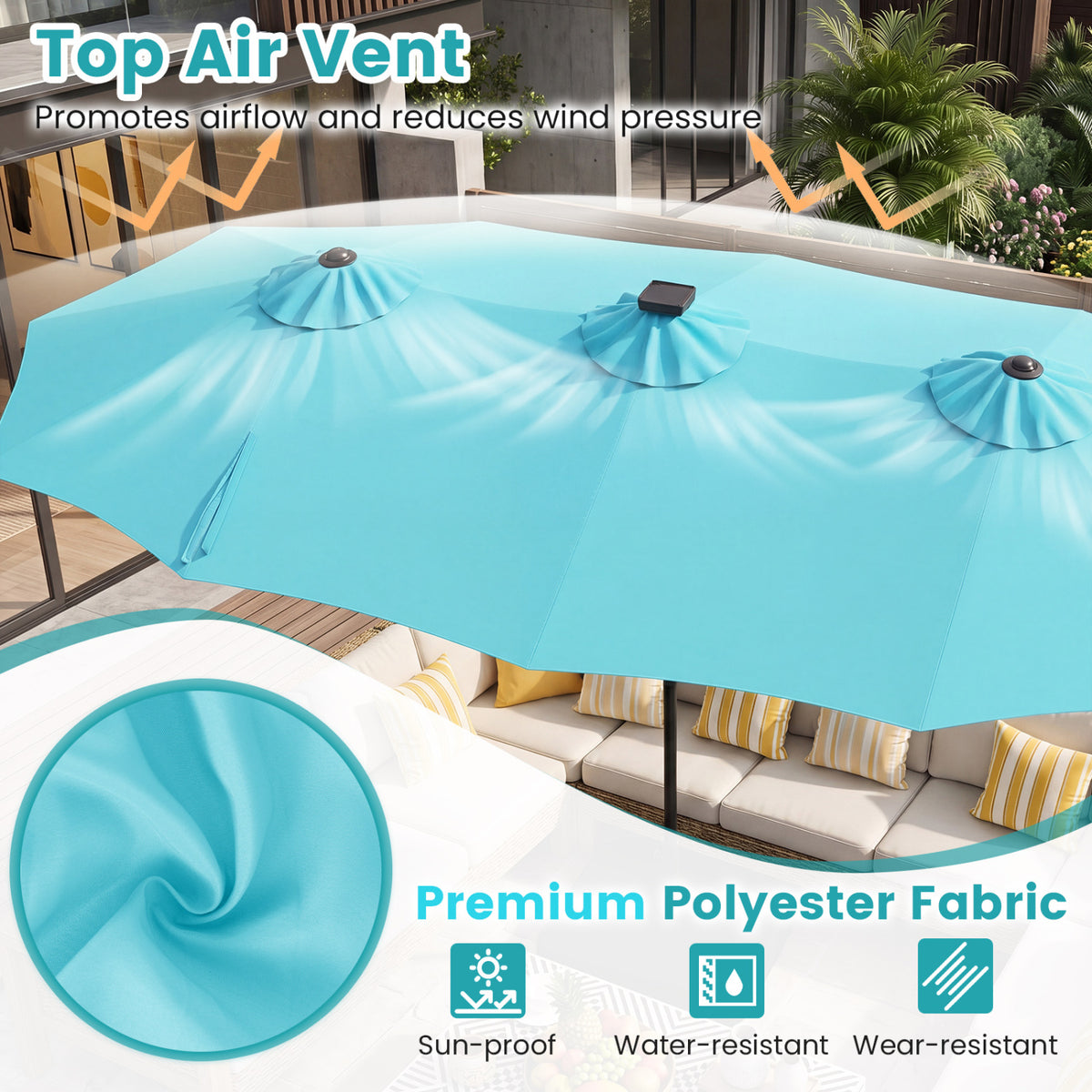 13 FT Double-Sided Patio Umbrella with 108 LED Lights and Base Included-Turquoise