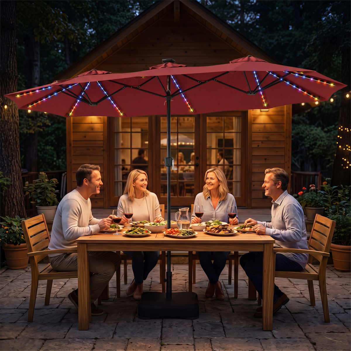 13 FT Double-Sided Patio Umbrella with 108 LED Lights and Base Included-Wine