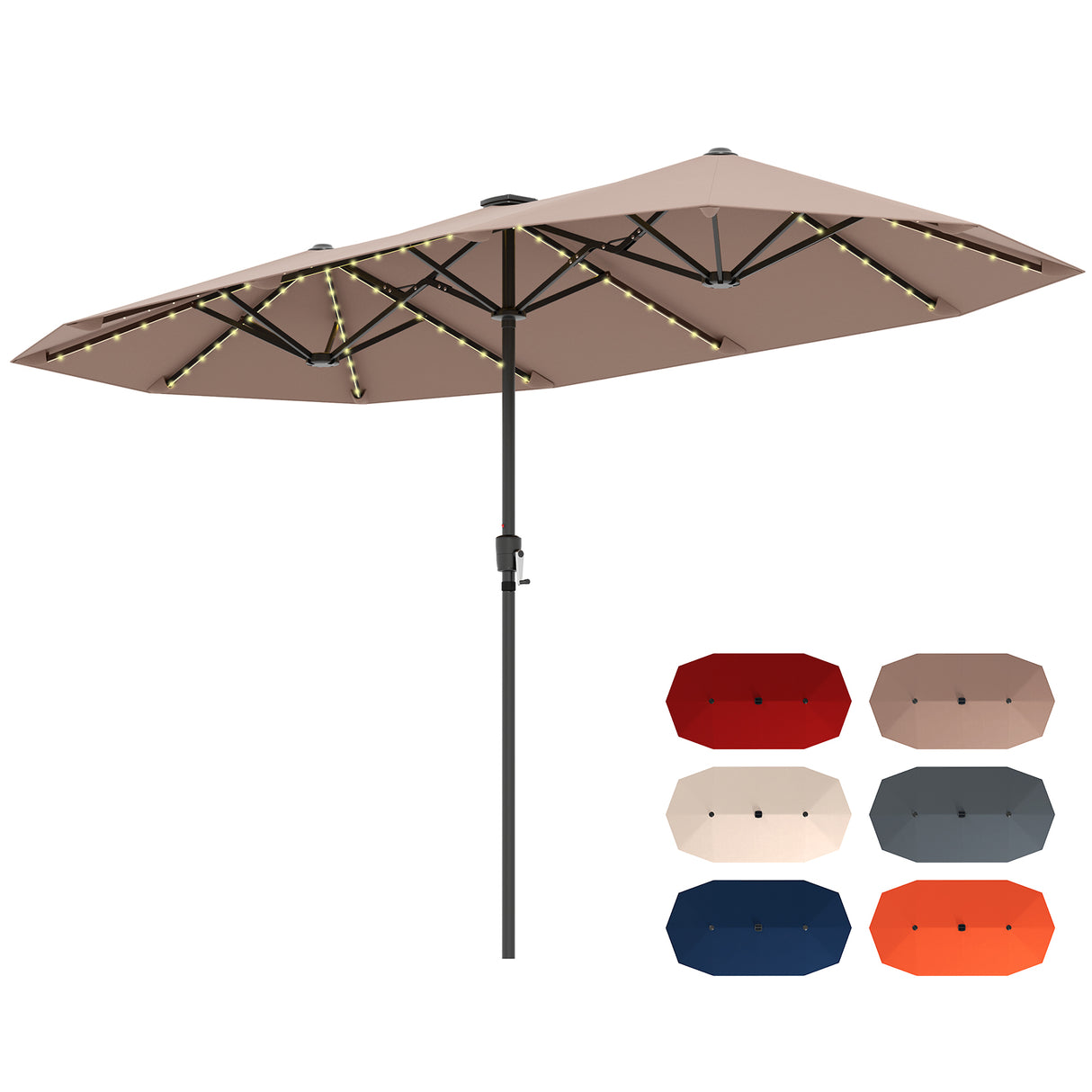 13 FT Large Patio Umbrella with LED Solar Lights and Crank Handle-Coffee