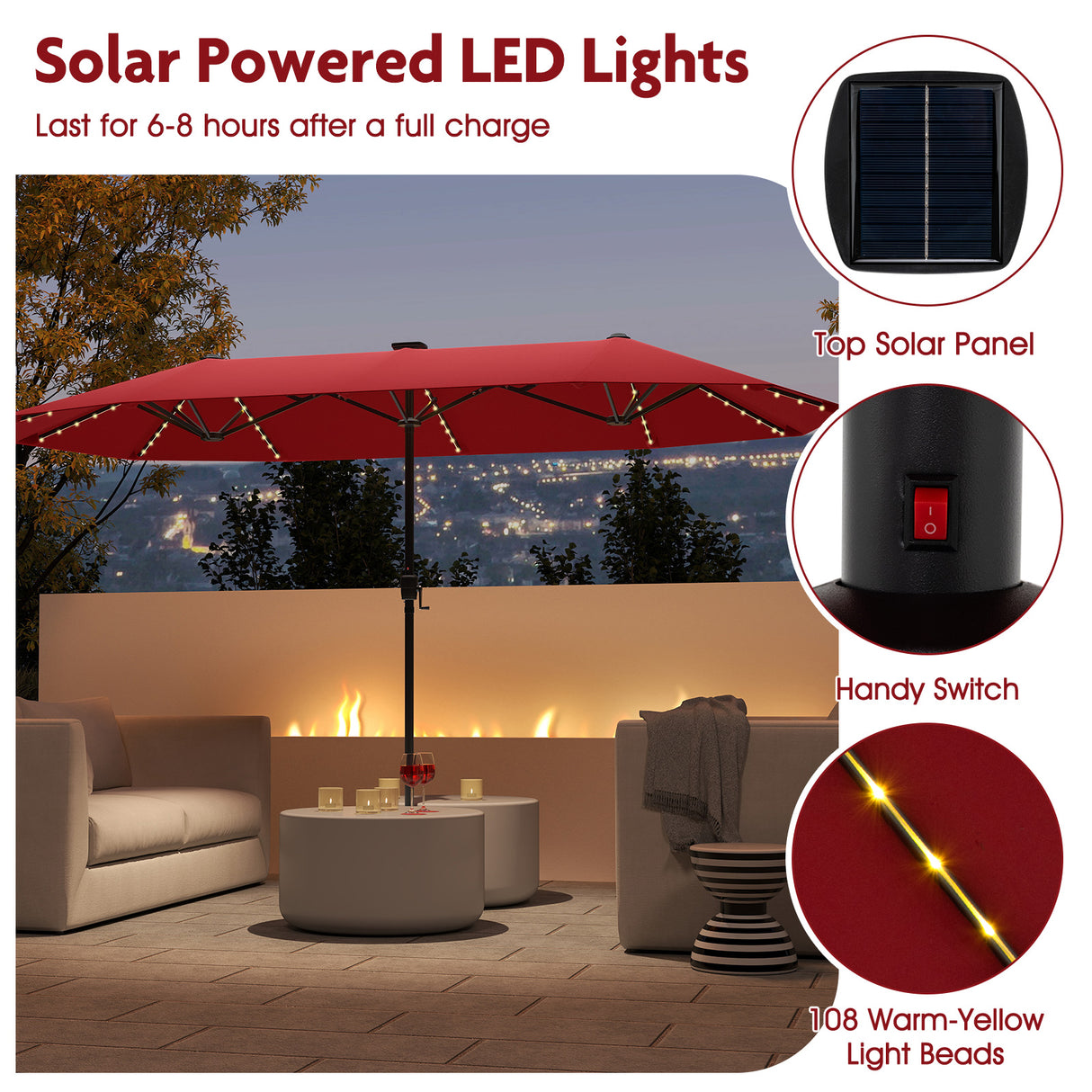 13 FT Large Patio Umbrella with LED Solar Lights and Crank Handle-Red
