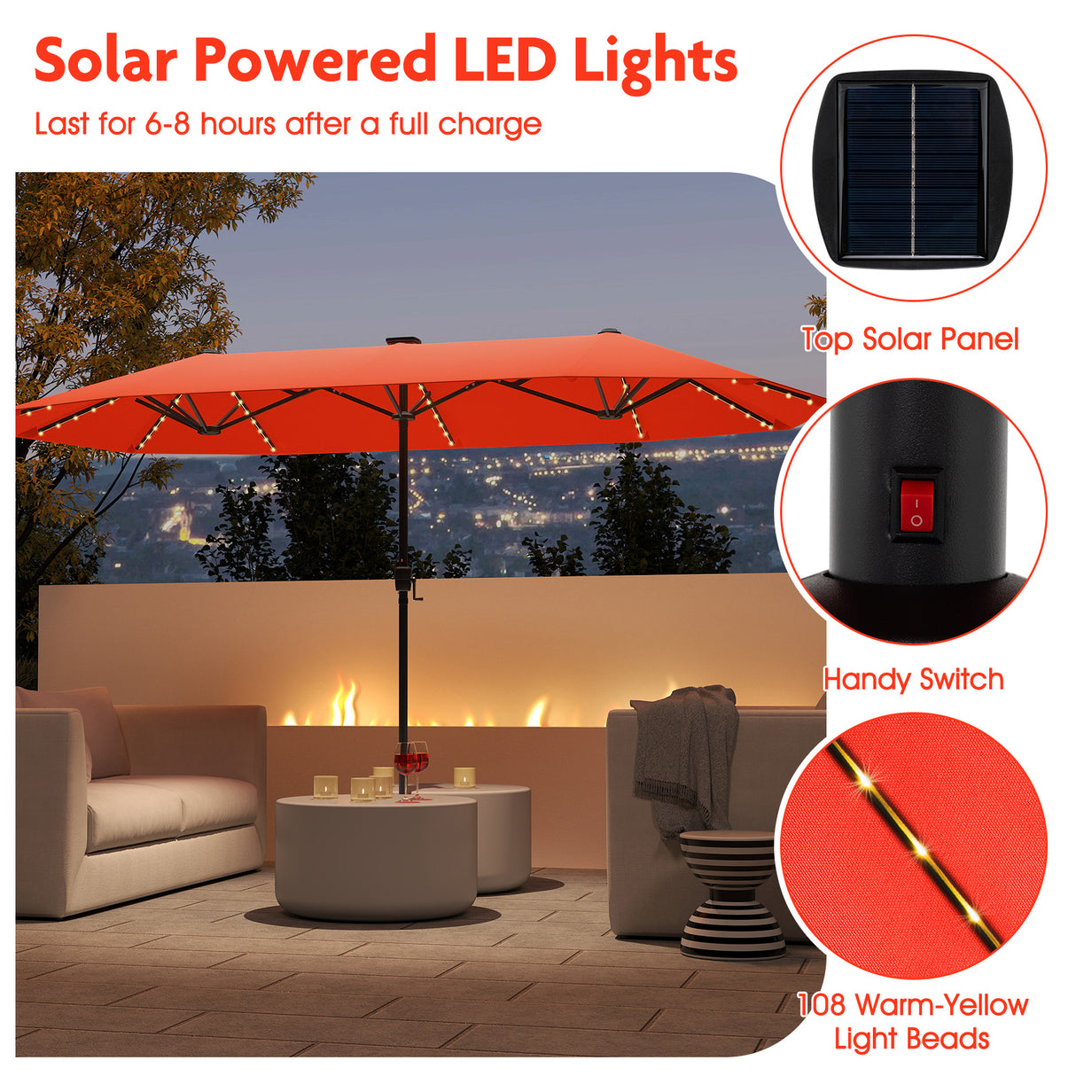 13 FT Large Patio Umbrella with LED Solar Lights and Crank Handle-Orange